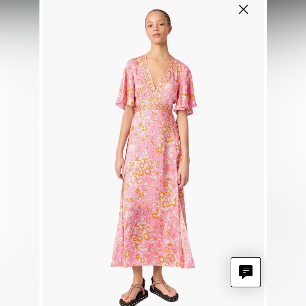 NWT MAJE Ritalen Butterfly-sleeve Midi Dress IMPRIME FLEURS ROSE ORANGE silky